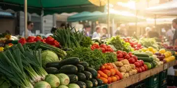 Farmers market stall with colorful organic fruits and vegetables
