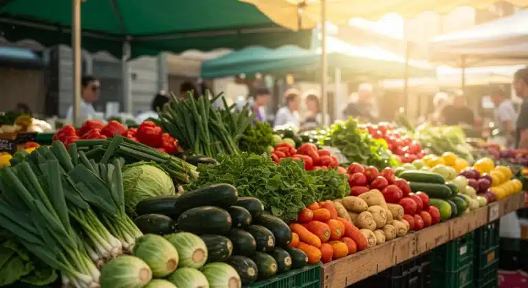 Farmers market stall with colorful organic fruits and vegetables