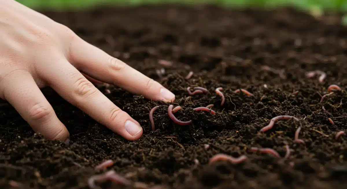 Healthy, dark soil with earthworms, illustrating regenerative farming's impact on soil fertility and productivity.