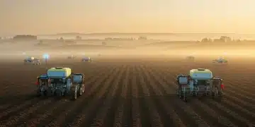 Autonomous robotic planters meticulously seeding a field at dawn, showcasing advanced agricultural technology.