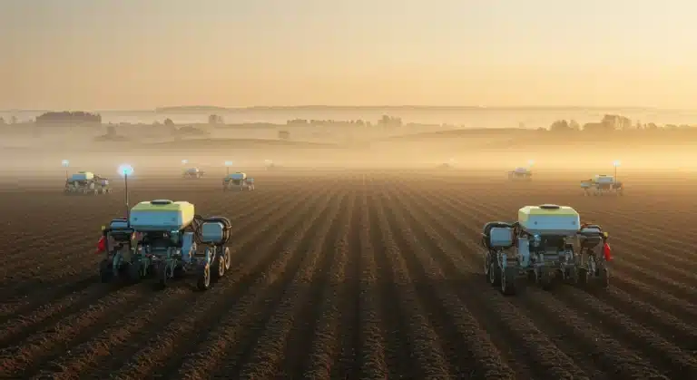 Autonomous robotic planters meticulously seeding a field at dawn, showcasing advanced agricultural technology.