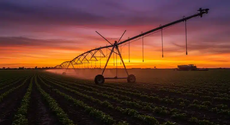 Smart irrigation system watering a thriving crop field at sunset, symbolizing advanced agricultural water conservation.