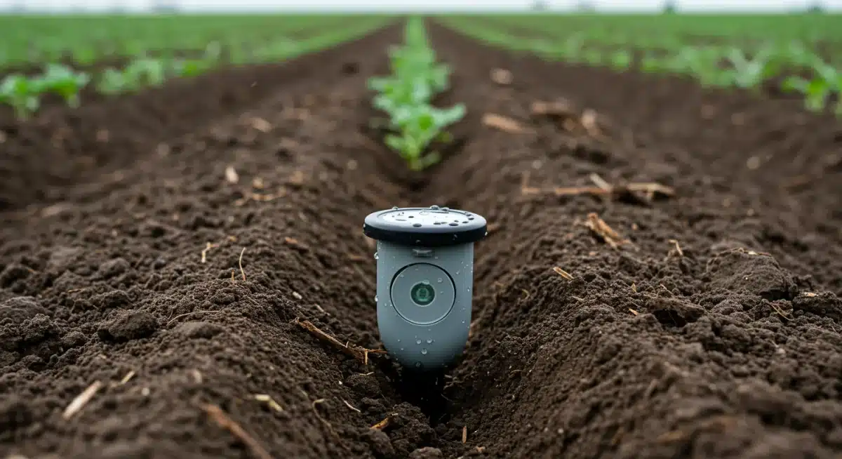 Close-up of a soil moisture sensor providing data for precision irrigation in a farm.
