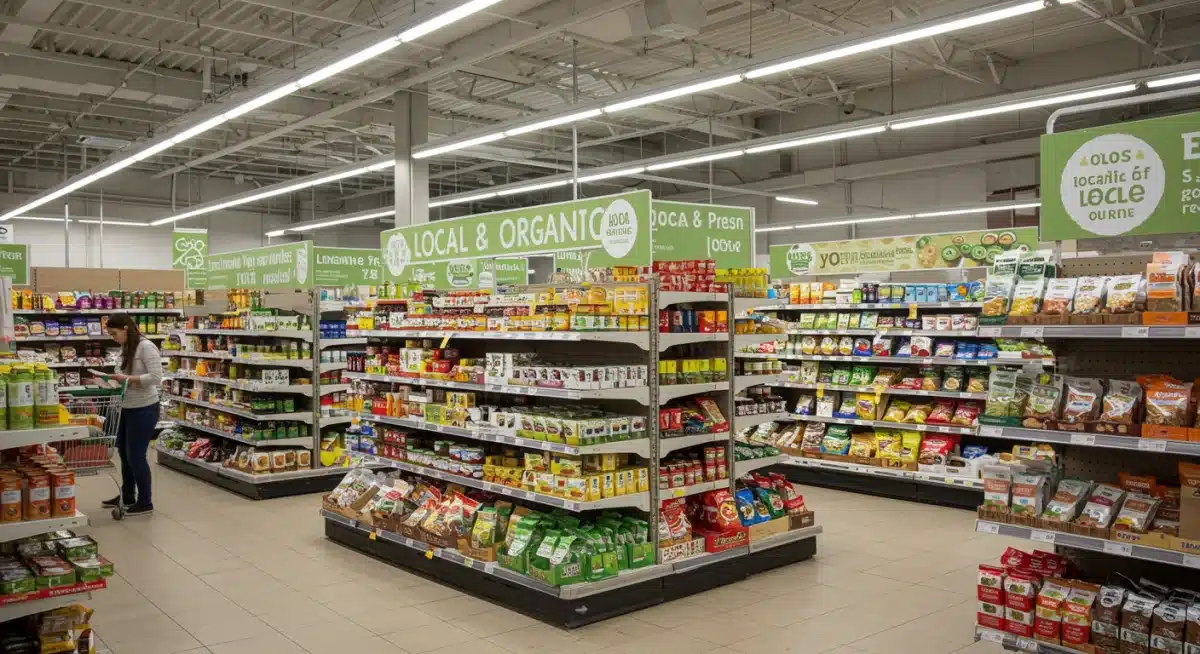 Supermarket aisle with organic and local food products