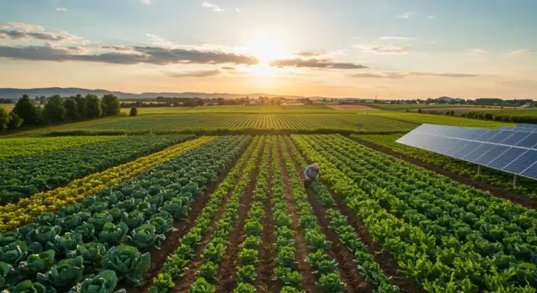 Farmer inspecting diverse crops on a flourishing sustainable farm with solar panels, symbolizing economic growth.