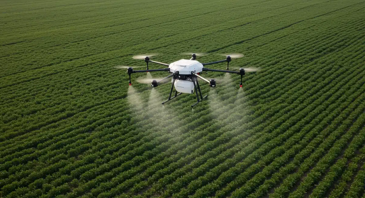 Agricultural drone applying organic pest control over varied crops, showcasing sustainable farm technology.