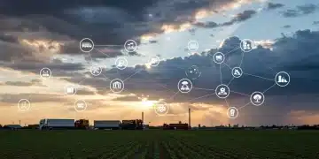 Dynamic visual of the US agribusiness supply chain, showing farms, logistics, and digital integration.