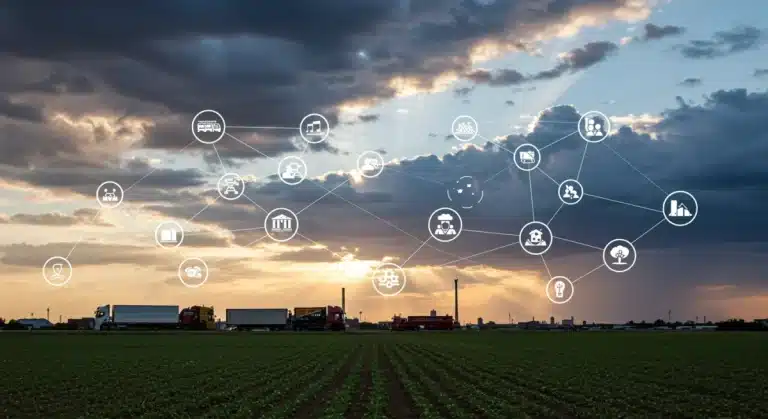 Dynamic visual of the US agribusiness supply chain, showing farms, logistics, and digital integration.