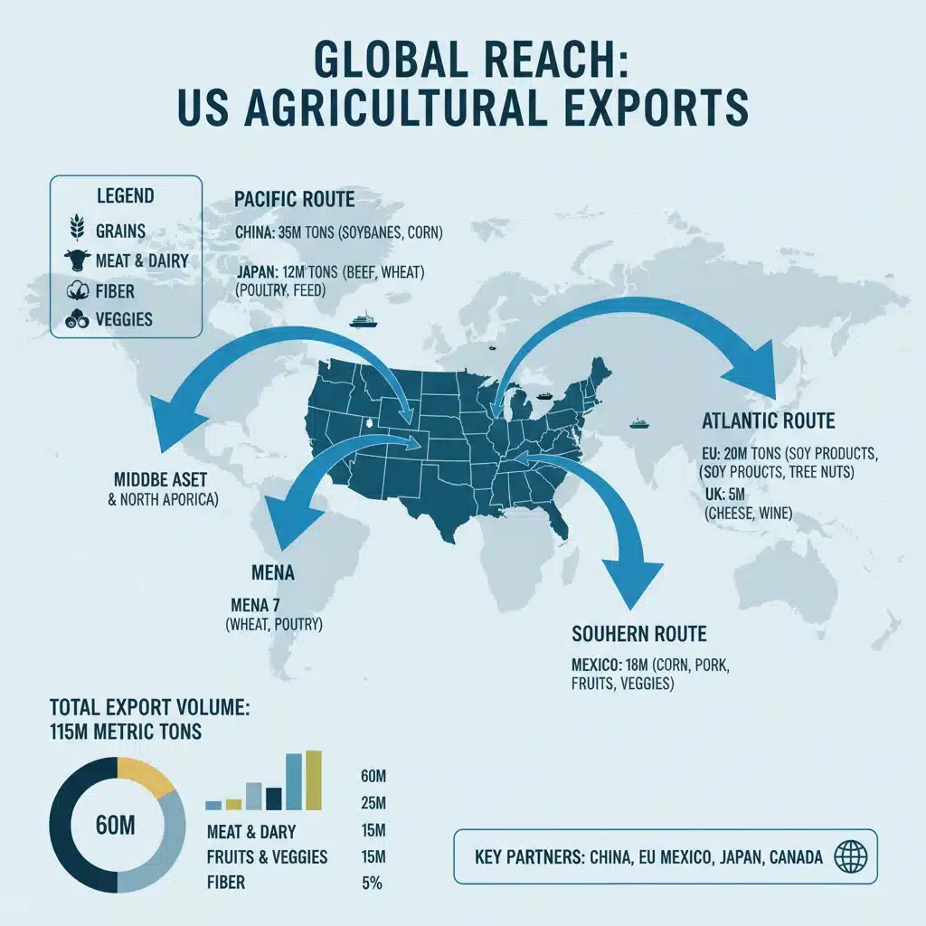 Infographic showing US agricultural export routes and partners