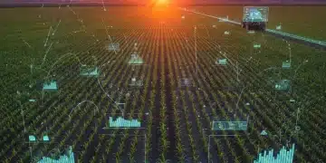 Sunrise over a field with data overlays, representing agriculture yield optimization through data analytics.
