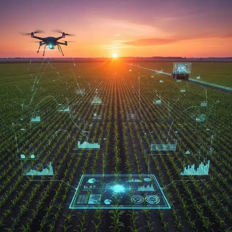 Sunrise over a field with data overlays, representing agriculture yield optimization through data analytics.