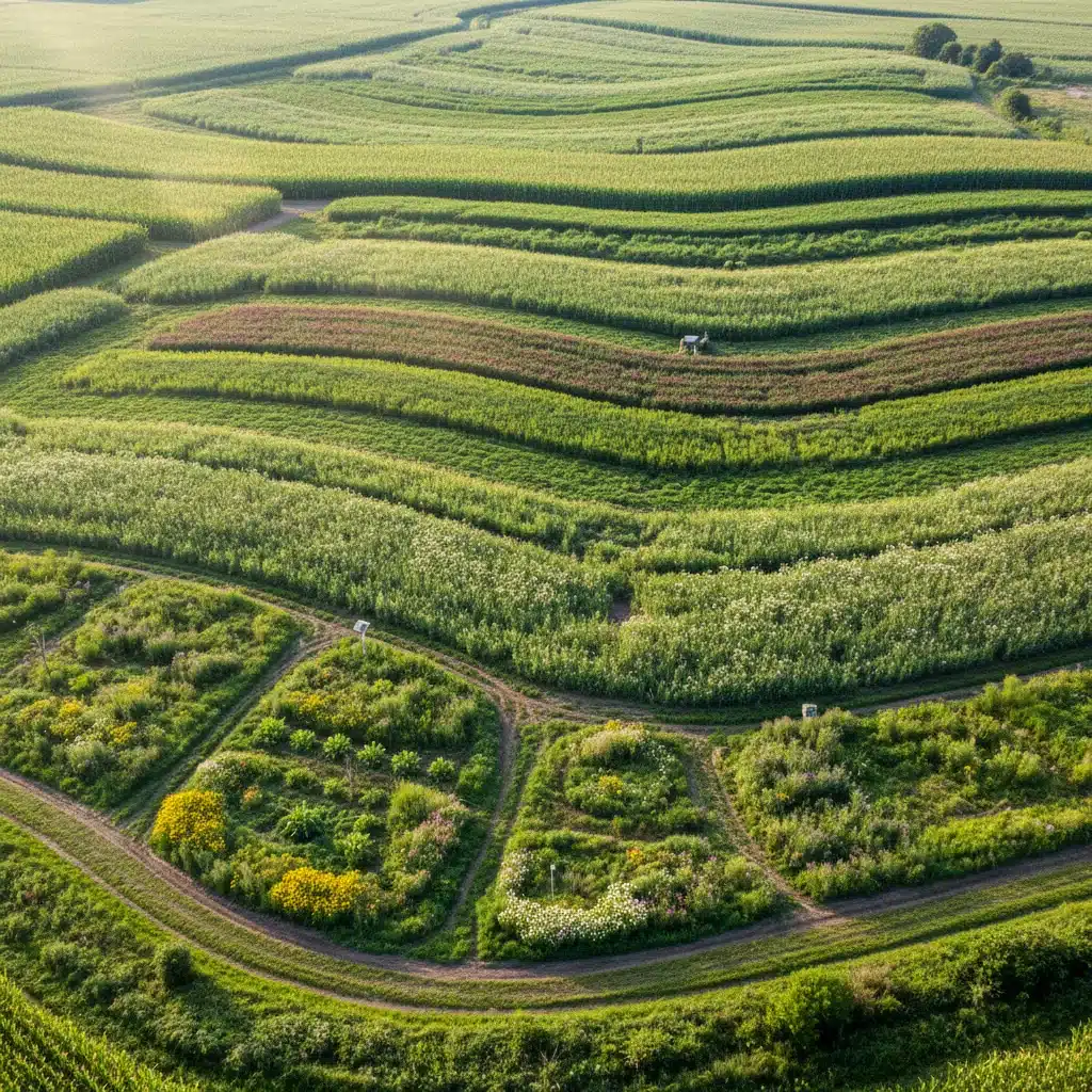 Aerial view of a farm employing strip cropping and diverse cover crops for enhanced biodiversity and ecosystem services.