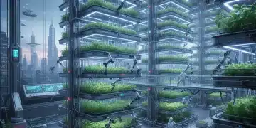 Automated vertical farm with LED lighting and robotic harvesting