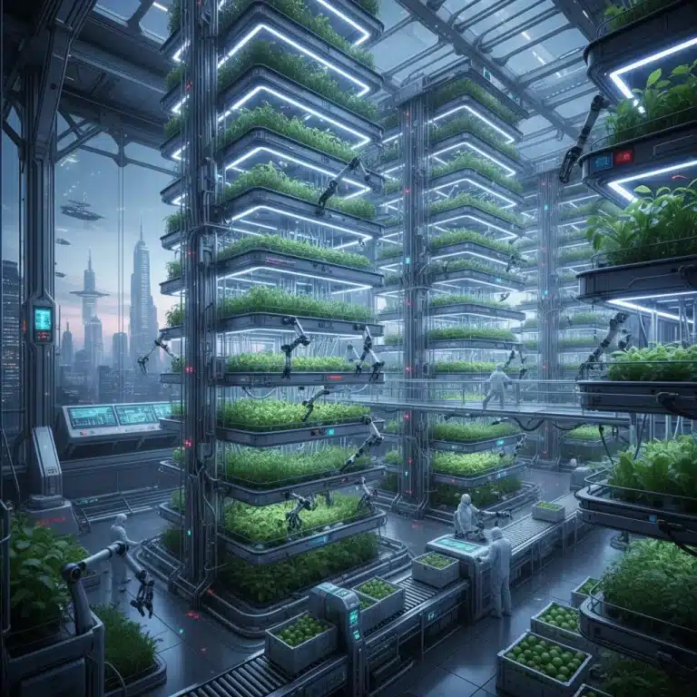 Automated vertical farm with LED lighting and robotic harvesting