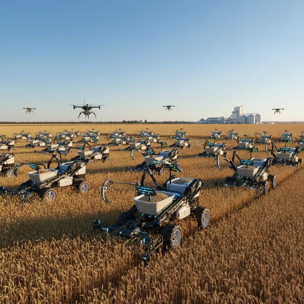 Autonomous agricultural robots working in a vast crop field.