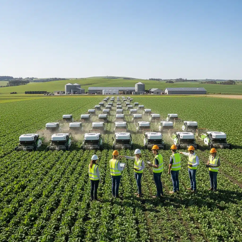 Autonomous robotic harvesters efficiently working in a large field of leafy greens, observed by agricultural experts.