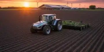 Autonomous tractor tilling field at sunset, showcasing modern farming technology
