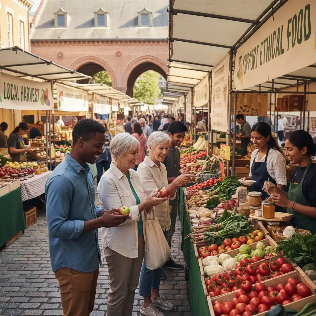 Diverse consumers at a bustling farmer's market choosing fresh, local produce