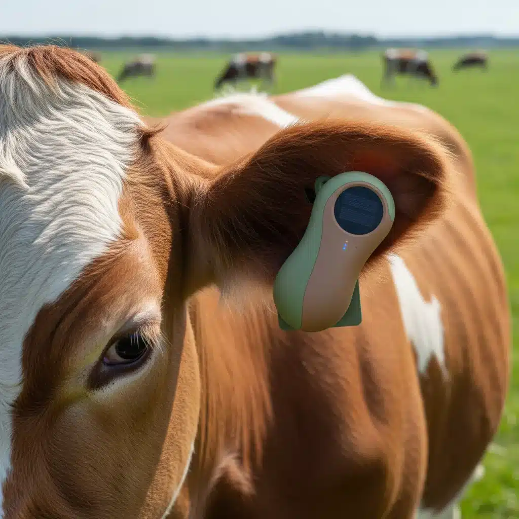Close-up of a cow with a modern IoT ear tag sensor in a green pasture.