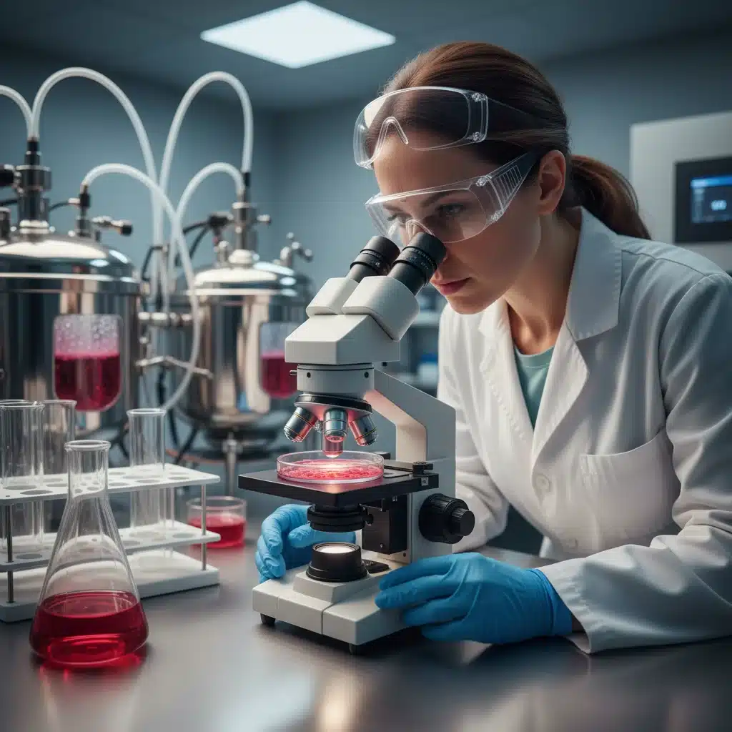Scientist examining cultivated meat cells in a lab, symbolizing innovation.