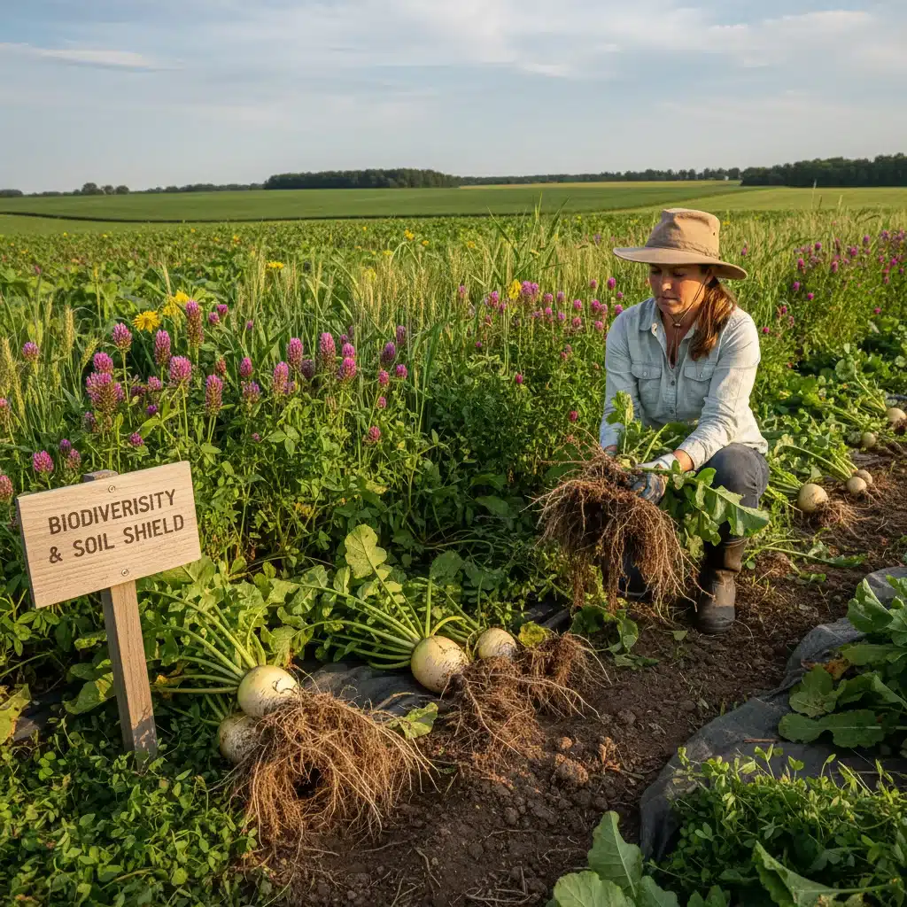 Diverse cover crop mixture with visible root systems, emphasizing soil health and carbon capture.
