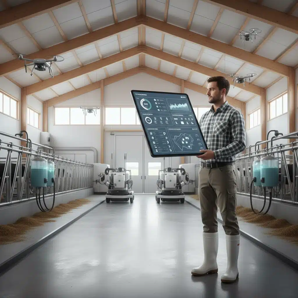 Farmer analyzing real-time IoT livestock data on a digital dashboard in a smart barn.