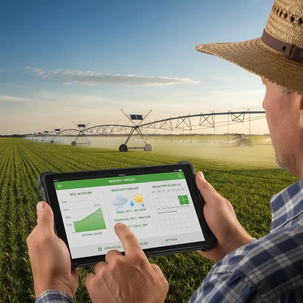 Farmer monitoring automated irrigation system with a tablet.