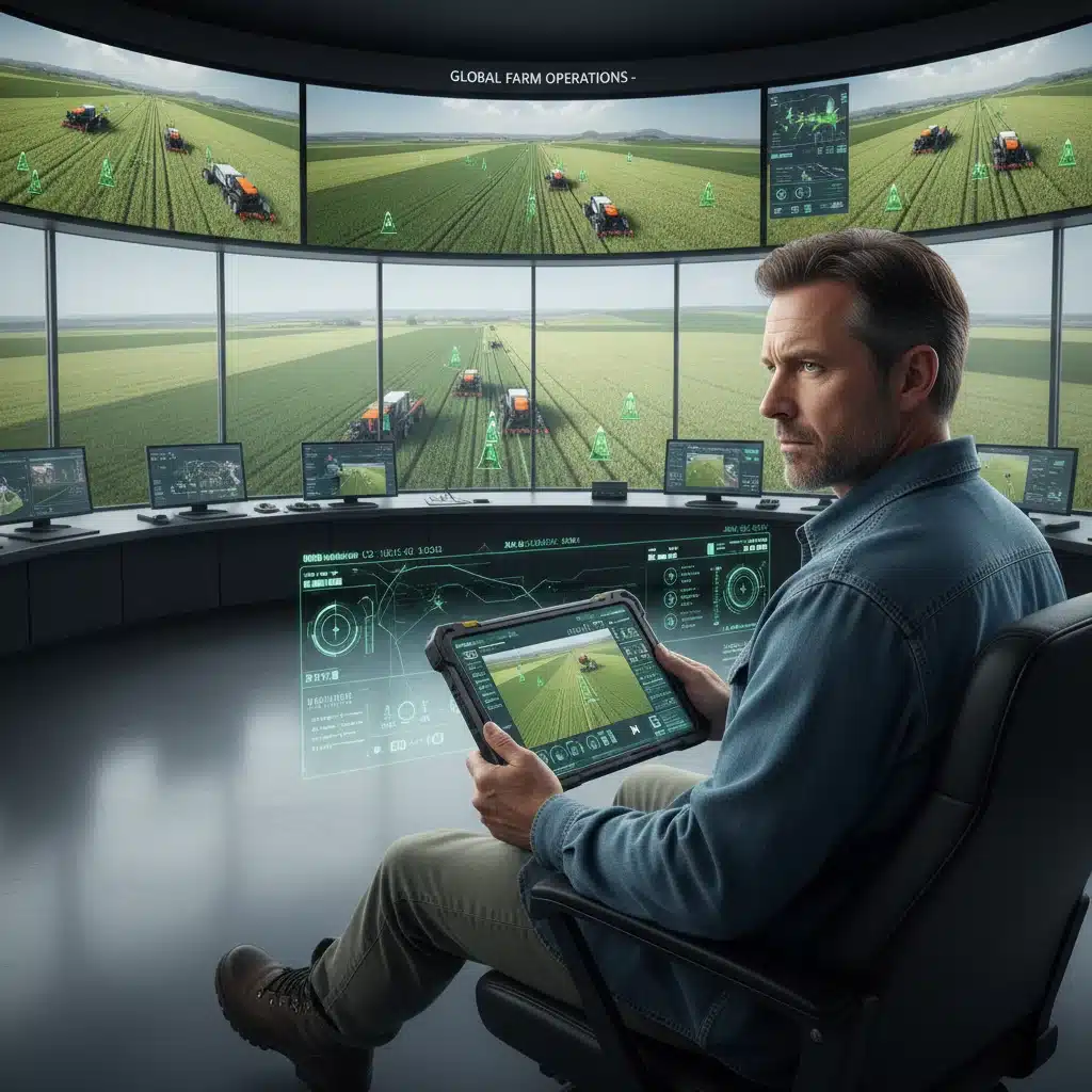 Farmer monitoring autonomous tractors on a tablet