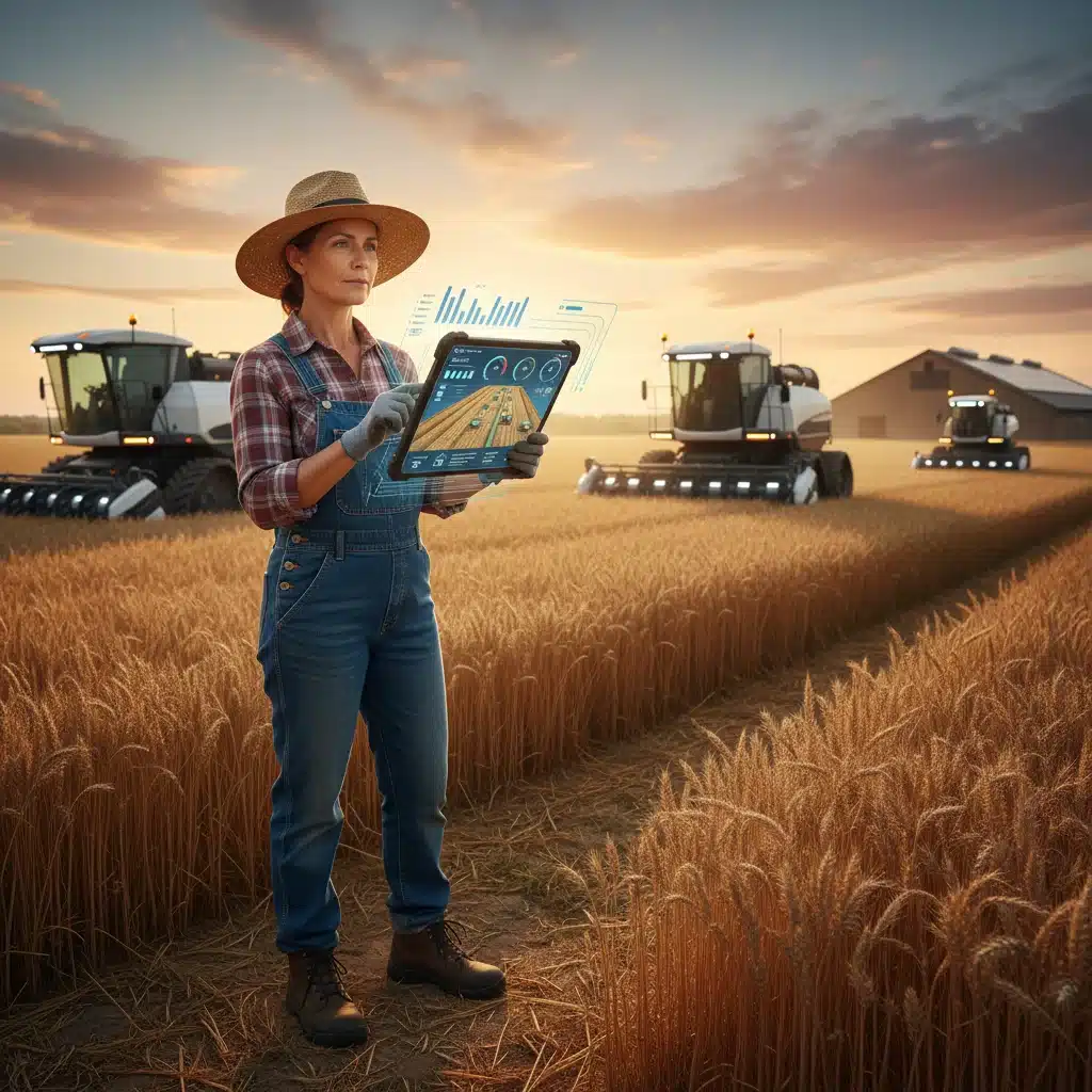 Farmer monitoring robotic harvesters via a tablet interface.