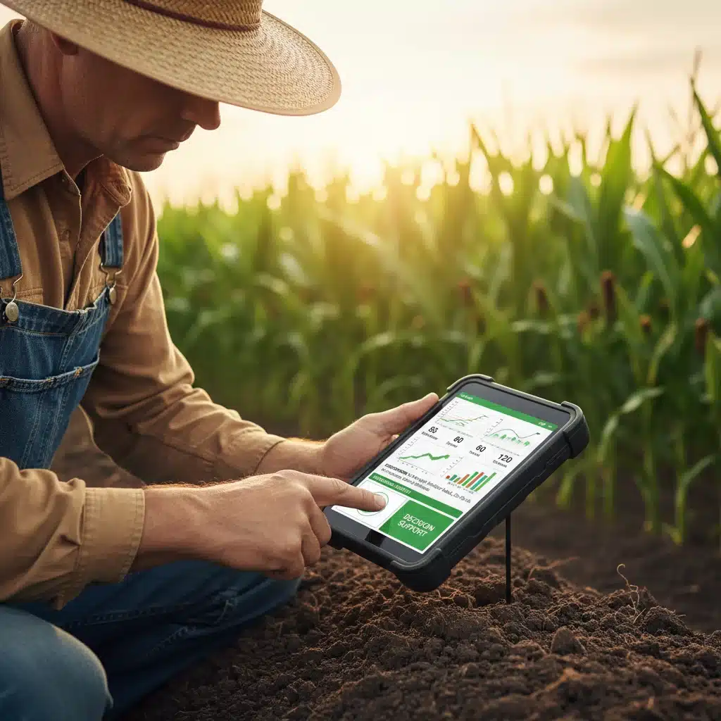Farmer analyzing soil data with a precision agriculture device.