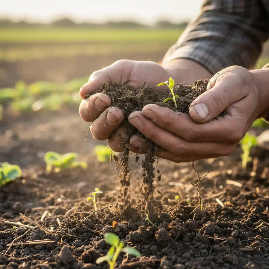 Farmer's hands examining rich, carbon-rich soil, symbolizing soil health and carbon sequestration.