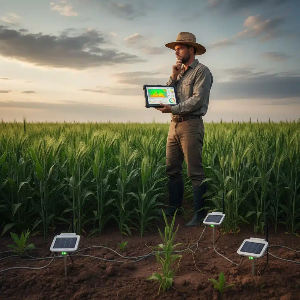 Farmer using a tablet for real-time crop data analysis in a field.