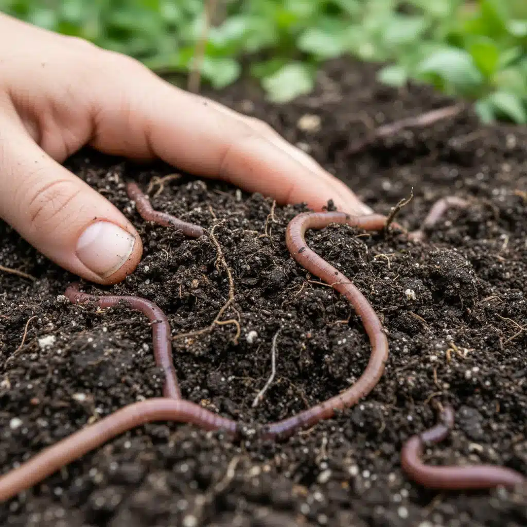 Healthy, dark, and crumbly soil with visible earthworms, indicating robust soil biology and fertility.