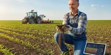 Healthy soil in a thriving agricultural field under a blue sky, symbolizing carbon sequestration efforts.