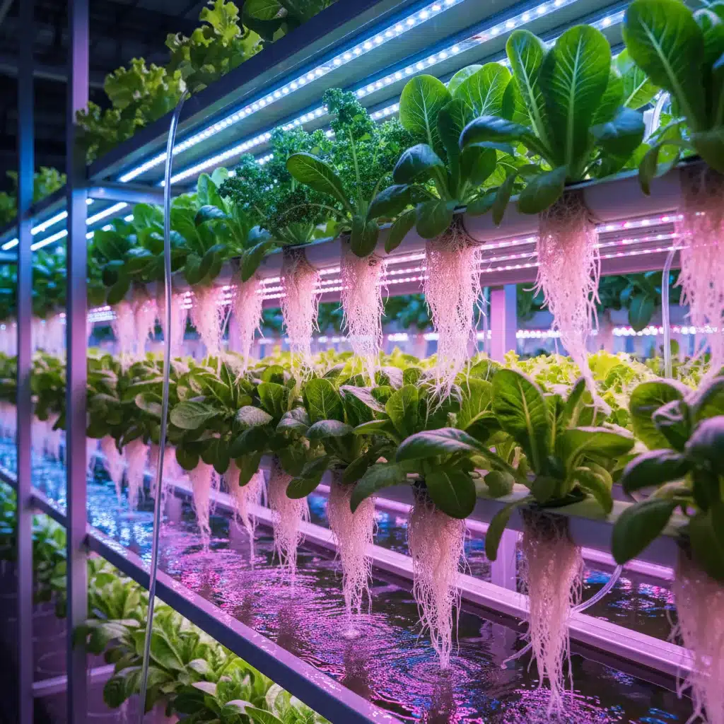 Hydroponic leafy greens under LED grow lights in vertical farm