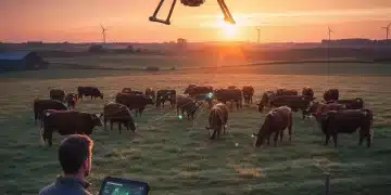 Smart farming with IoT sensors on cattle and drone surveillance, showing data monitoring on a tablet.