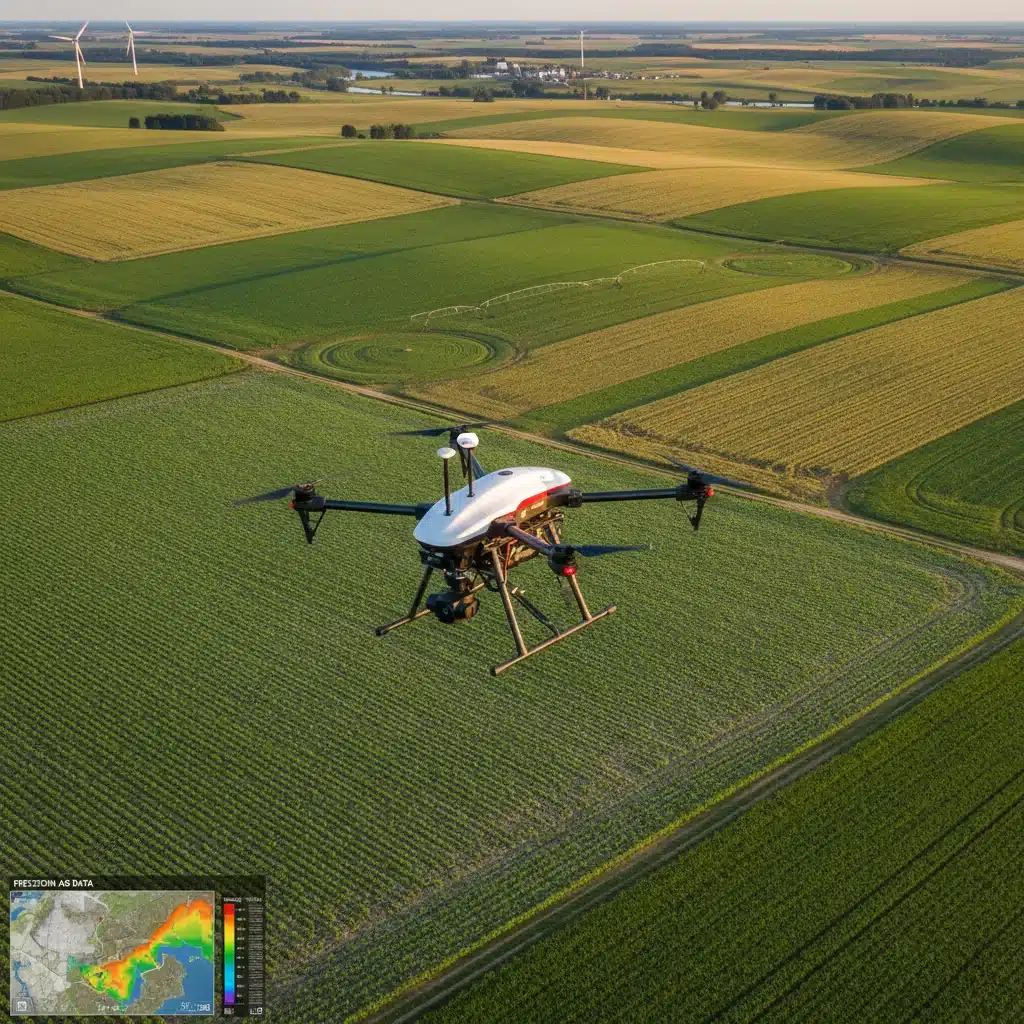 Drone conducting precision agriculture over a no-till field, illustrating technological advancements in sustainable farming.