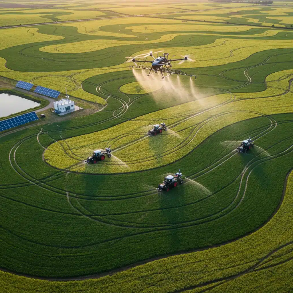 Aerial view of precision agriculture with drones and autonomous tractors, showcasing technological integration.