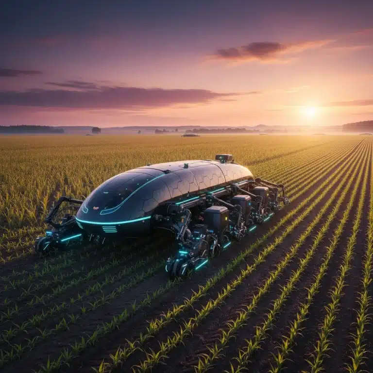 Advanced precision planter working in a cornfield at sunrise, demonstrating high singulation
