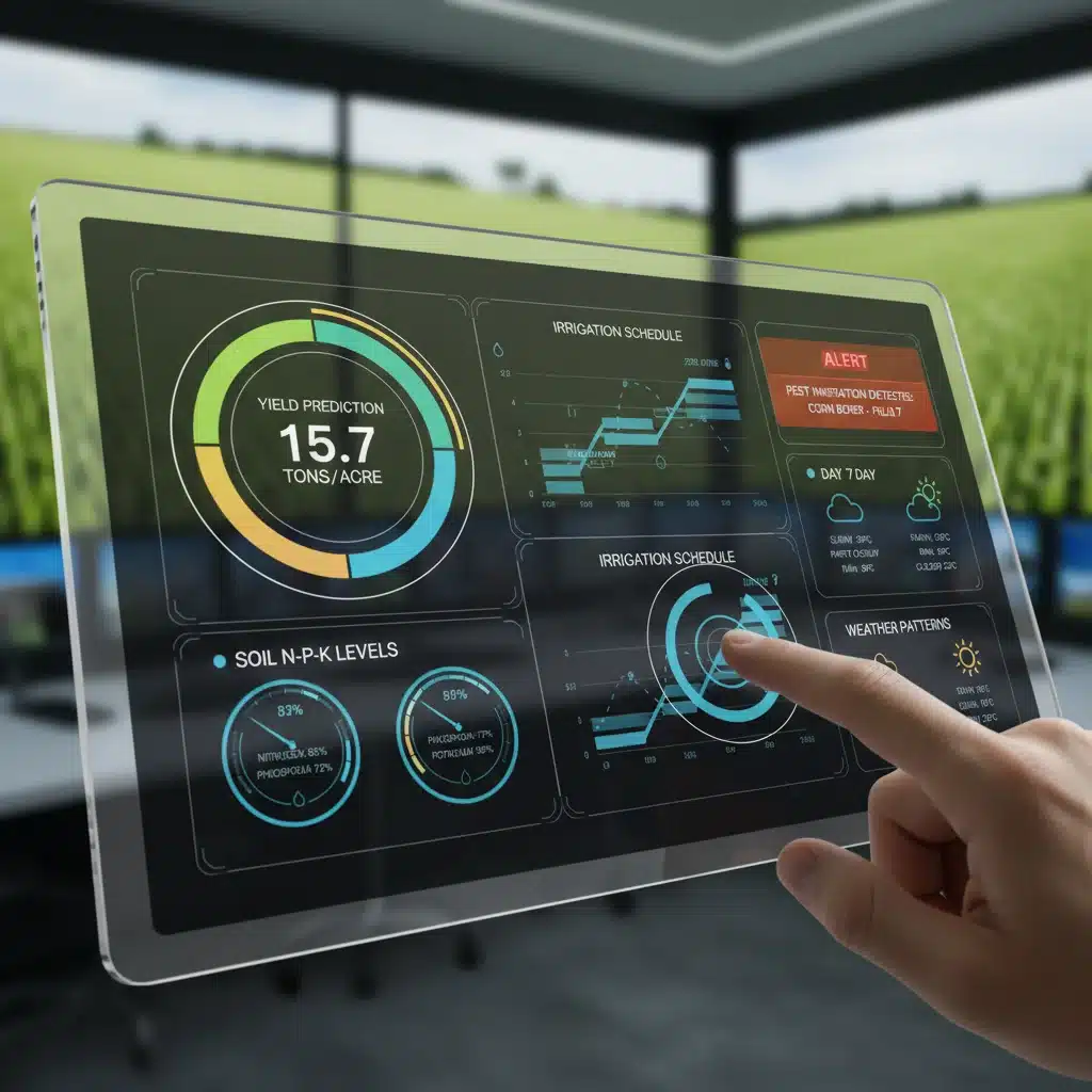 Agricultural predictive modeling dashboard showing yield forecasts and operational data.
