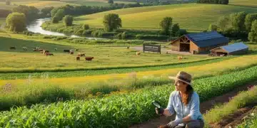 Lush regenerative farm with diverse crops, healthy soil, and thriving ecosystem, symbolizing agricultural innovation.
