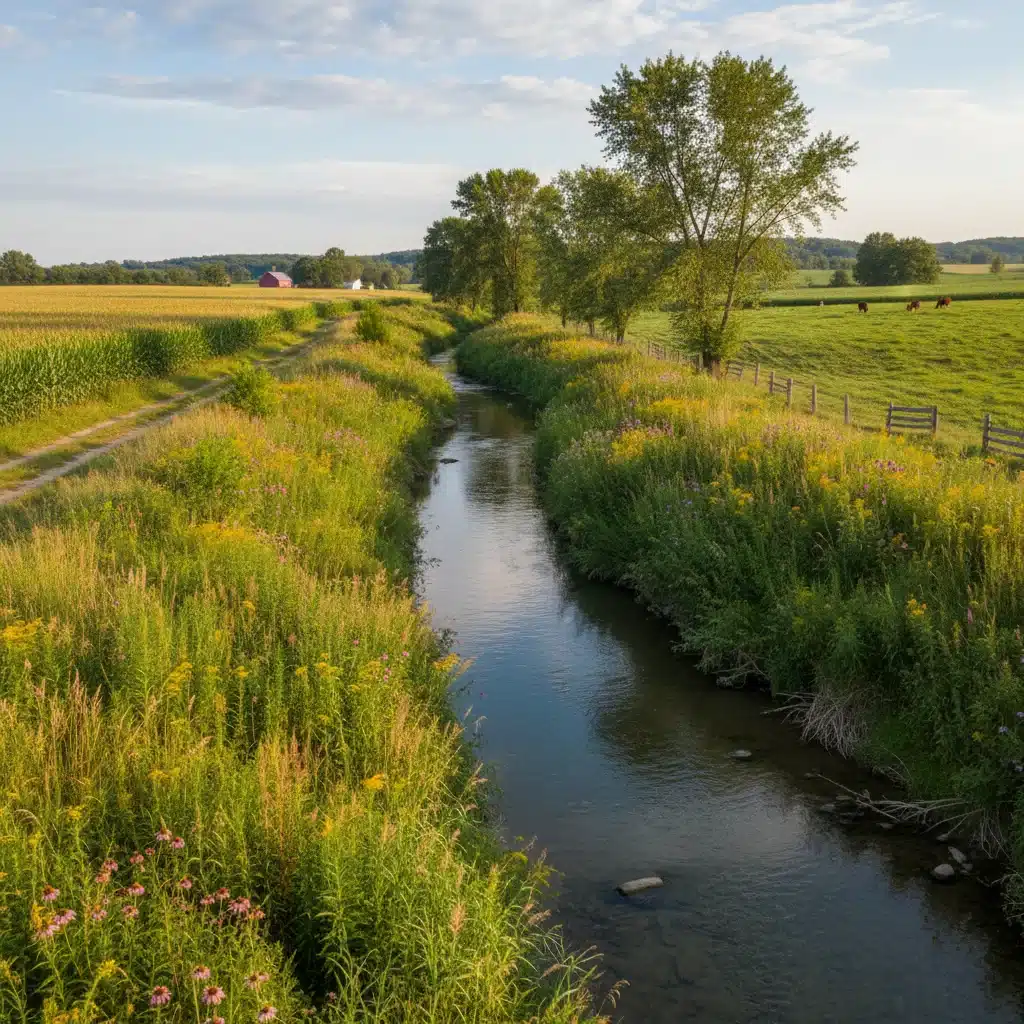 Riparian buffer zone filtering runoff near a farm field.