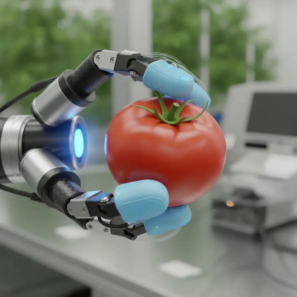 Robotic gripper gently holding a delicate tomato, highlighting sensor technology and soft manipulation.