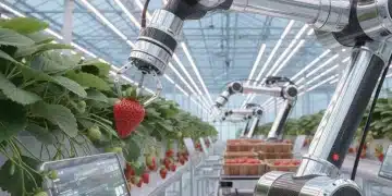 Robotic arm meticulously harvesting strawberries in a modern farm setting.