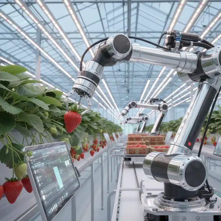 Robotic arm meticulously harvesting strawberries in a modern farm setting.