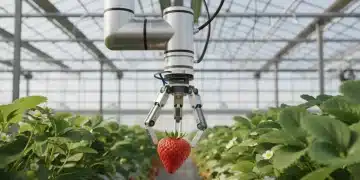 Robotic arm meticulously harvesting ripe strawberries in a greenhouse, showcasing precision agriculture.