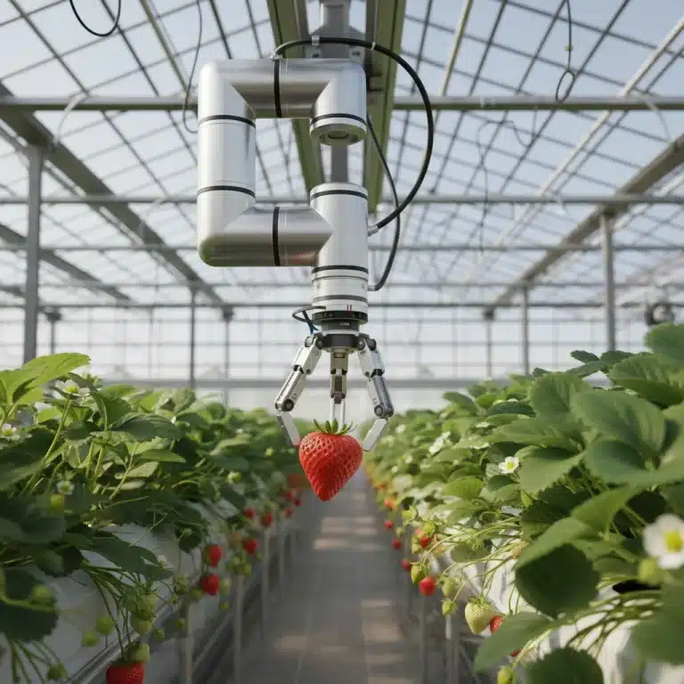 Robotic arm meticulously harvesting ripe strawberries in a greenhouse, showcasing precision agriculture.