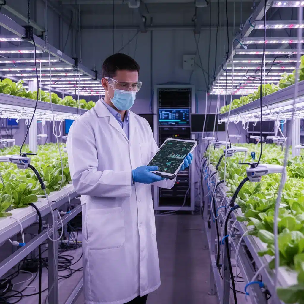 Scientist monitoring data in controlled environment agriculture facility