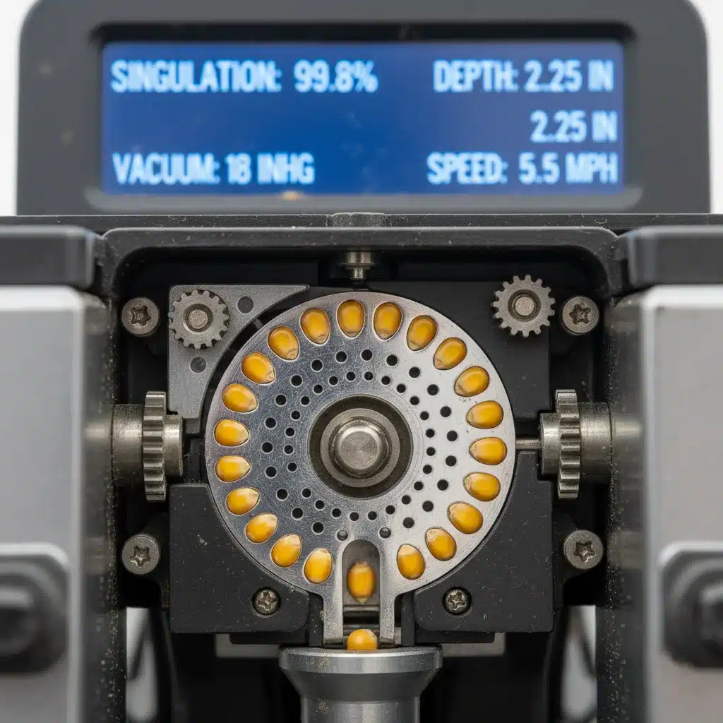 Close-up of a precision planter's seed meter with corn seeds and digital display