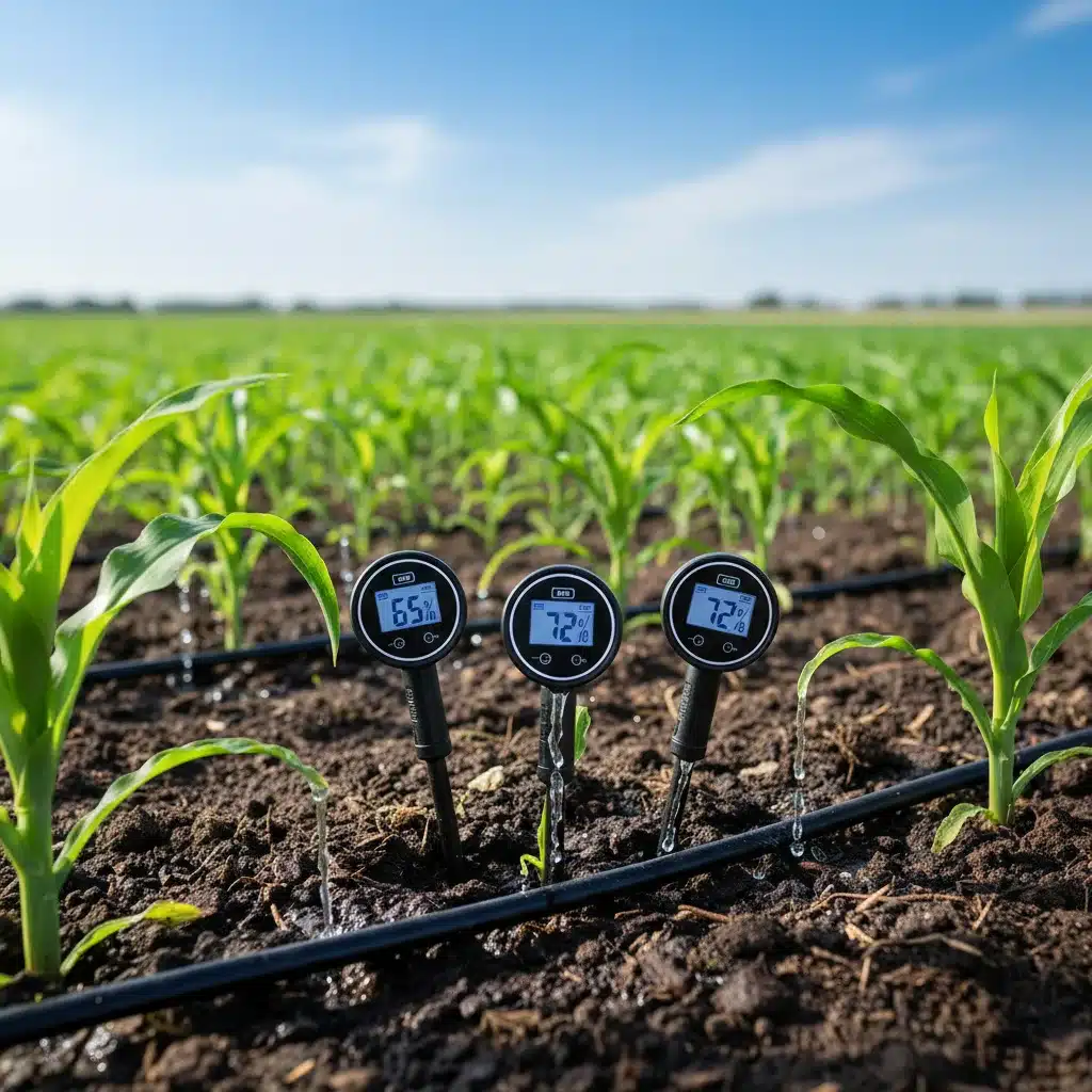 Soil moisture sensors and drip irrigation system in a cultivated field.